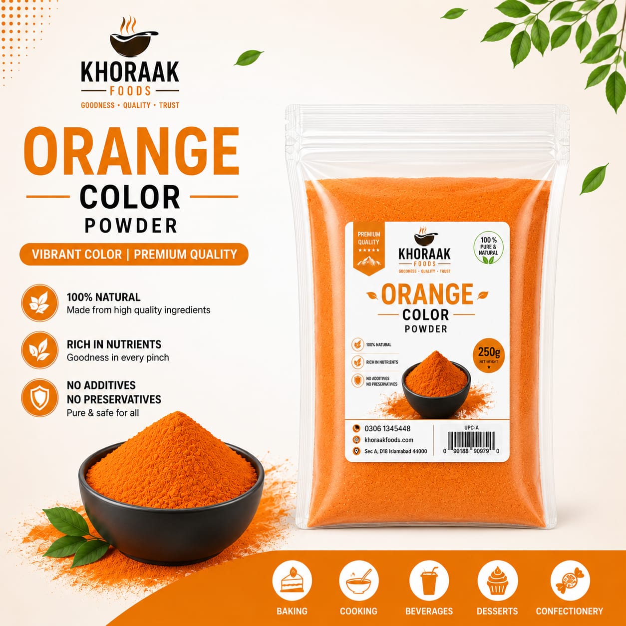 Khoraak Foods Orange Food Color Powder 250g Bulk Pack Food Grade Plant-Based Chemical-Free Food Coloring Pakistan