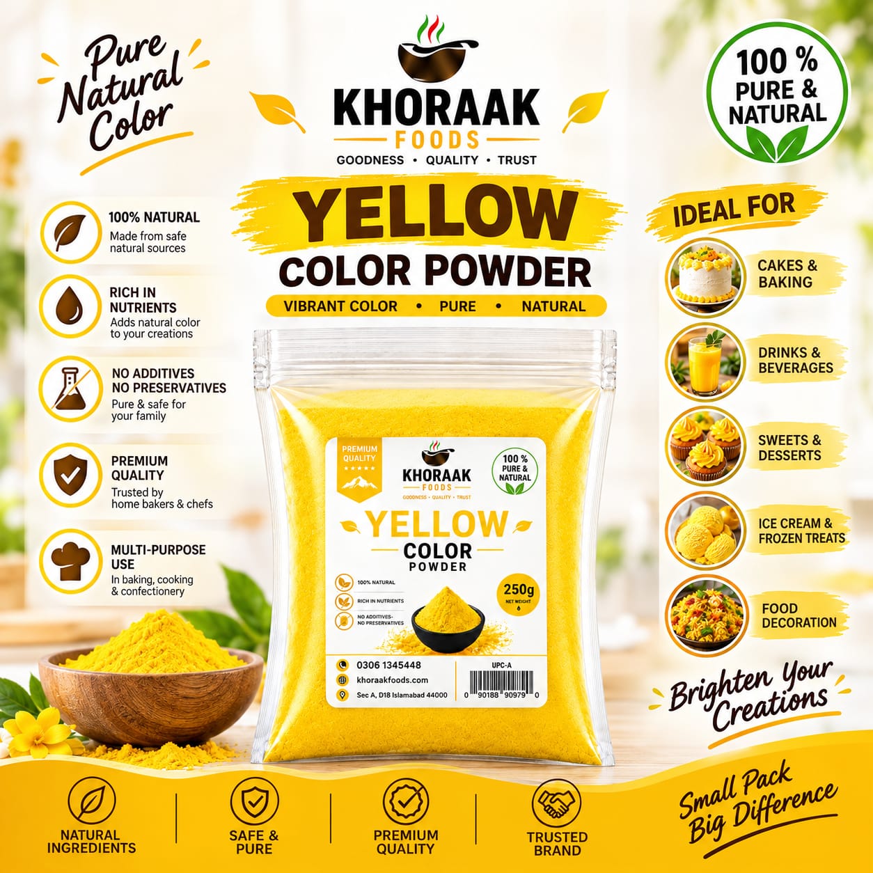 💛 Yellow Food Color Powder 250g Bulk Pack | Food Grade Plant-Based Food Coloring | Khoraak Foods