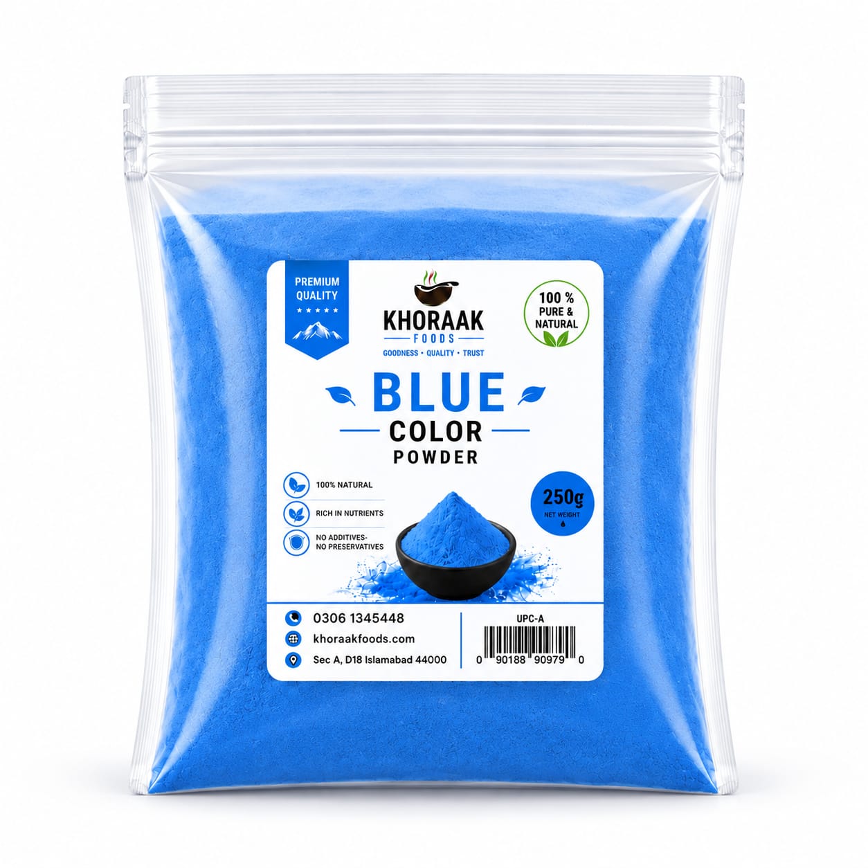 Blue Food Color Powder 250g Bulk Pack | Food Grade Plant-Based Food Coloring | Khoraak Foods