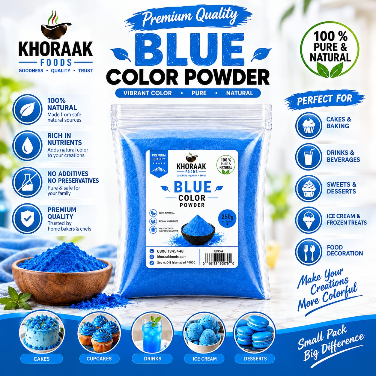 Blue Food Color Powder 250g Bulk Pack | Food Grade Plant-Based Food Coloring | Khoraak Foods