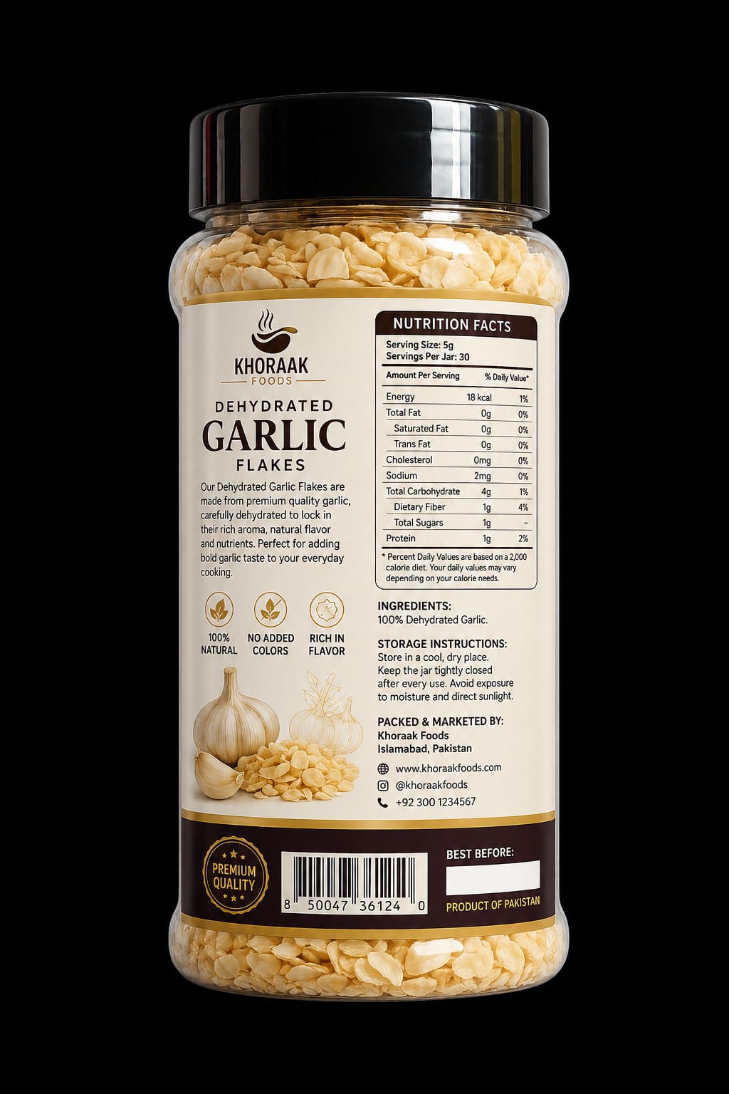Jar of Khoraak Foods dehydrated garlic flakes 150g packaging.