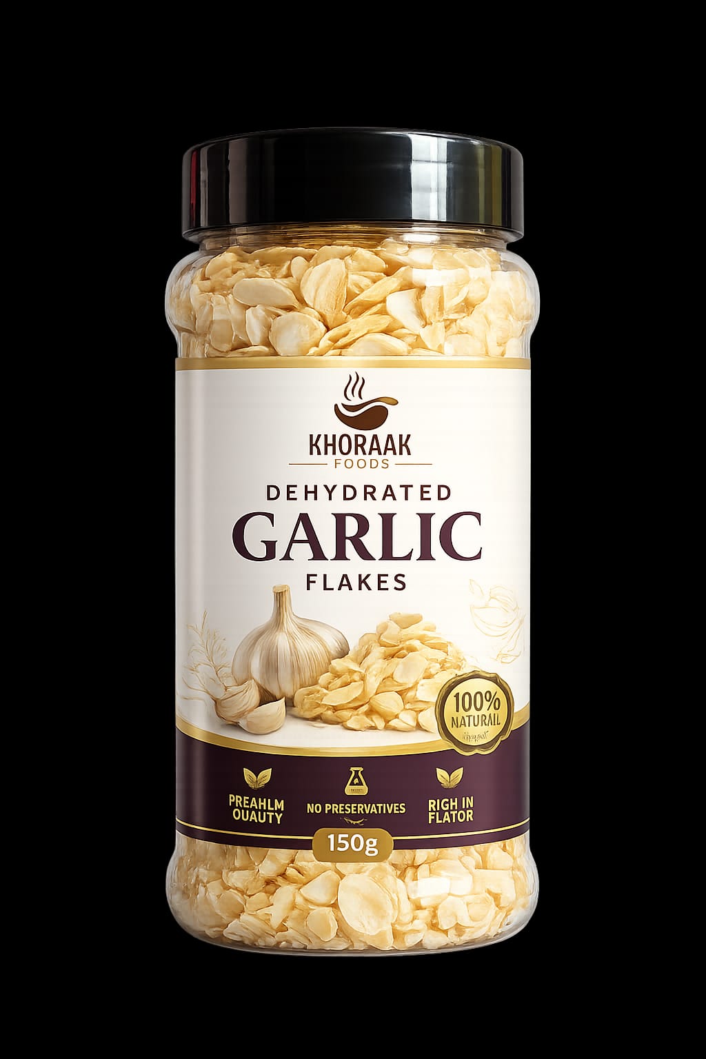 Jar of Khoraak Foods dehydrated garlic flakes 150g packaging.