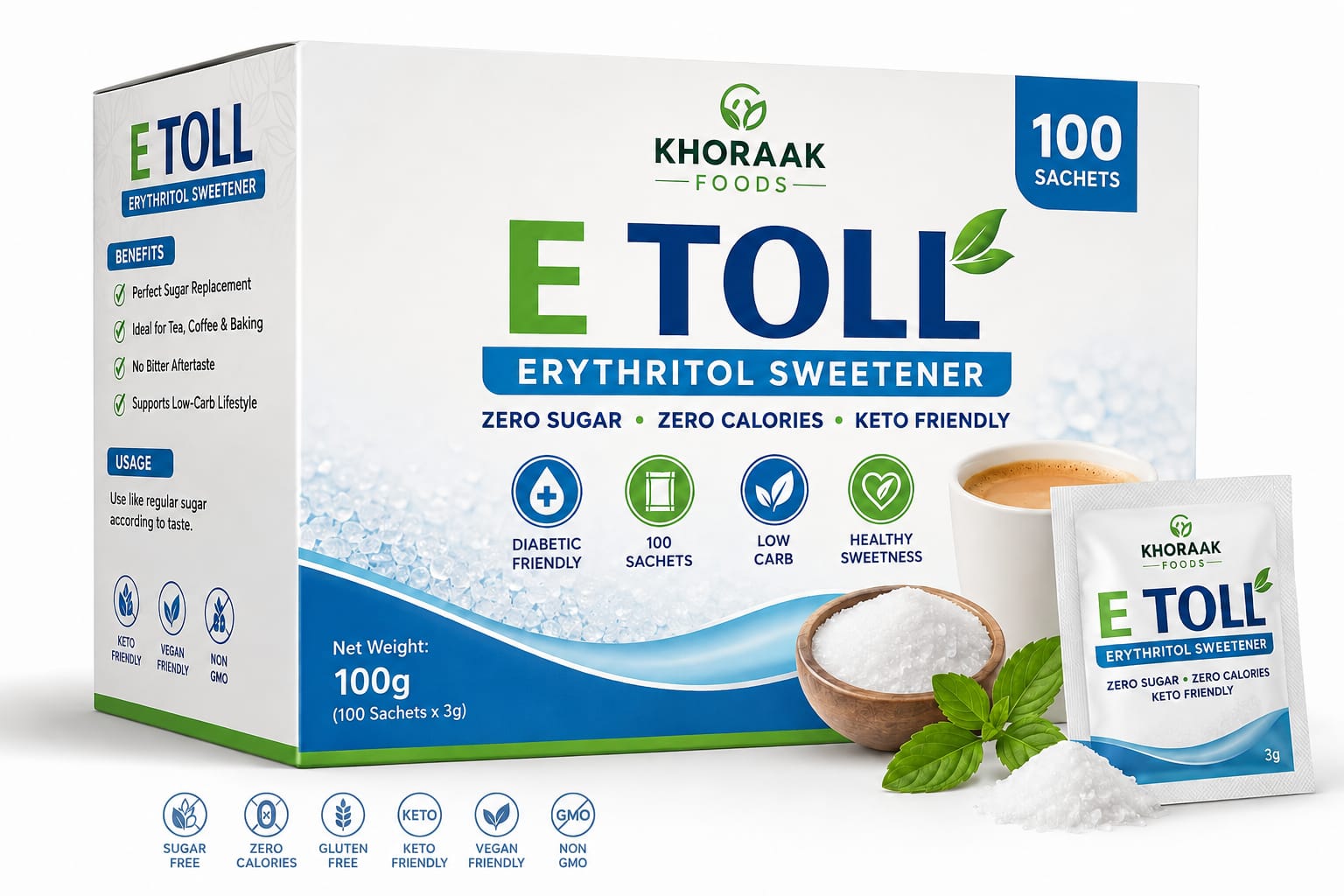 Khoraak Foods E TOLL Erythritol Sweetener 100 Sachets box pack zero sugar sweetener