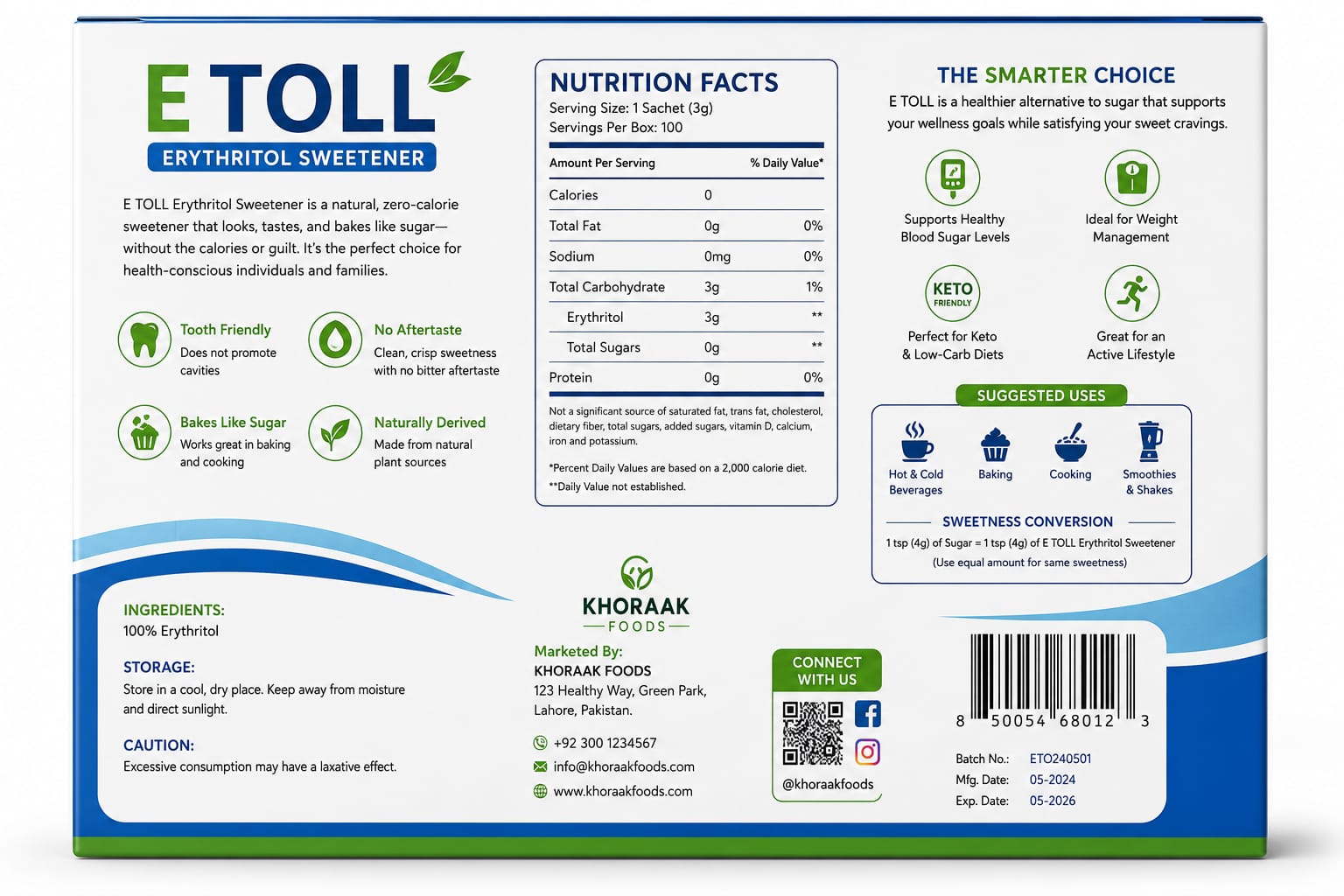 Khoraak Foods E TOLL Erythritol Sweetener 100 Sachets box pack zero sugar sweetener