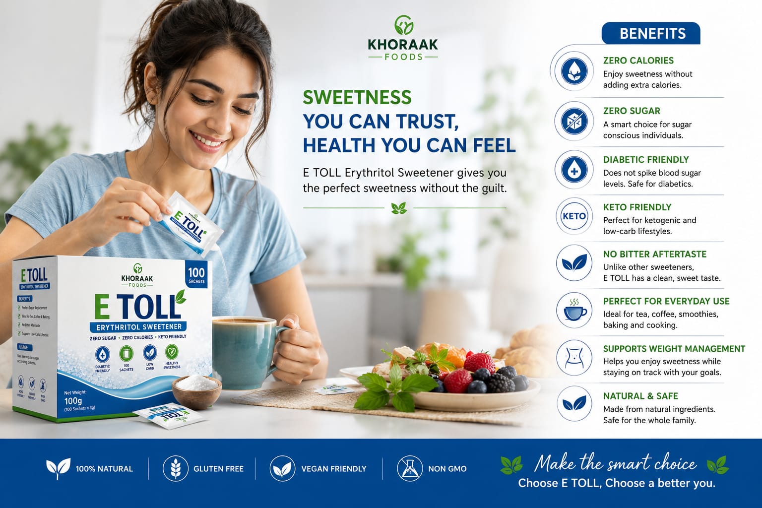 Khoraak Foods E TOLL Erythritol Sweetener 100 Sachets box pack zero sugar sweetener