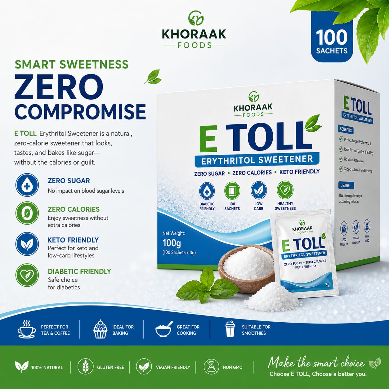 E-TOLL Erythritol Sweetener Sachets 100 pcs