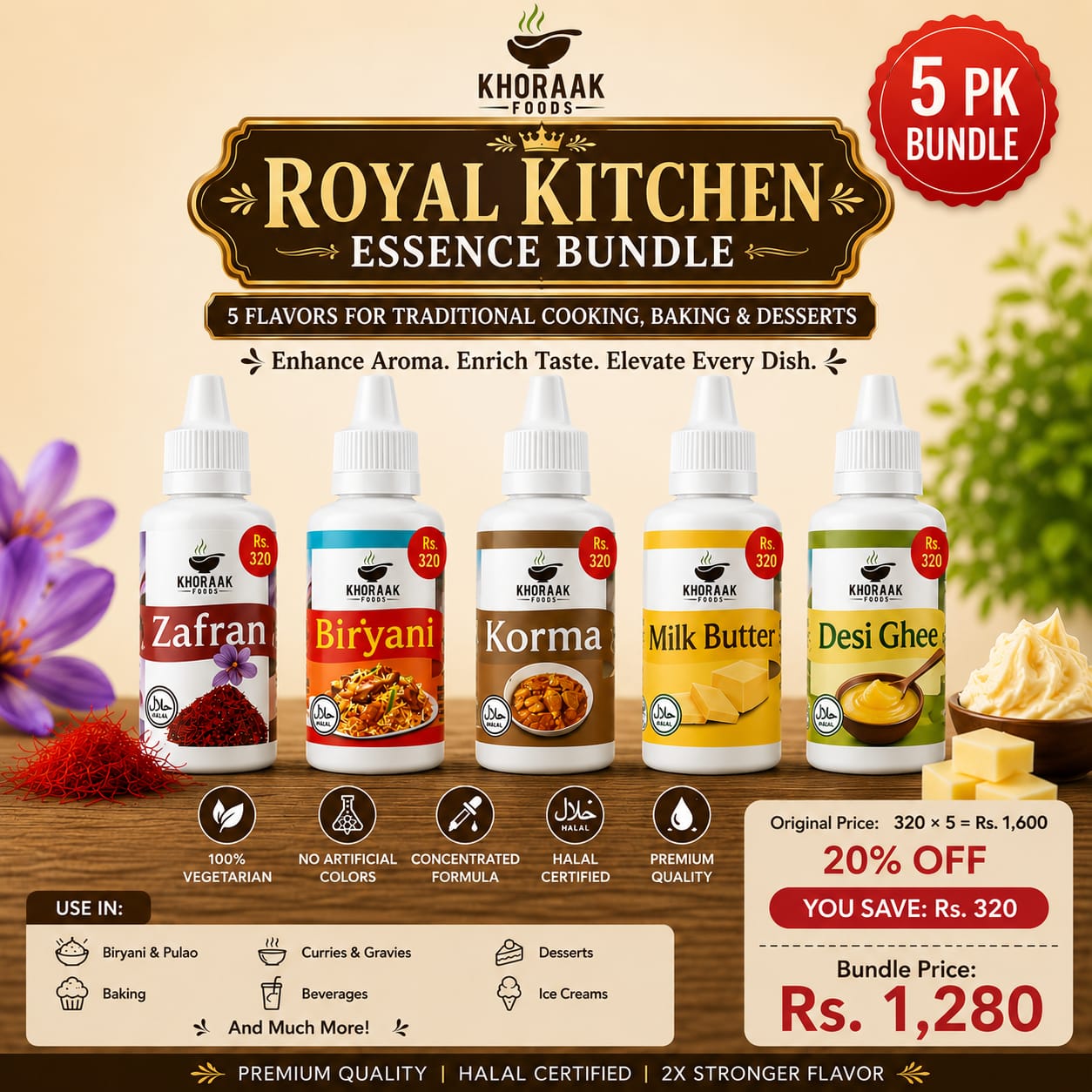 Premium Food Essence Bundle (5 Pack) – Zafran, Biryani, Korma, Desi Ghee & Milk Butter Essence