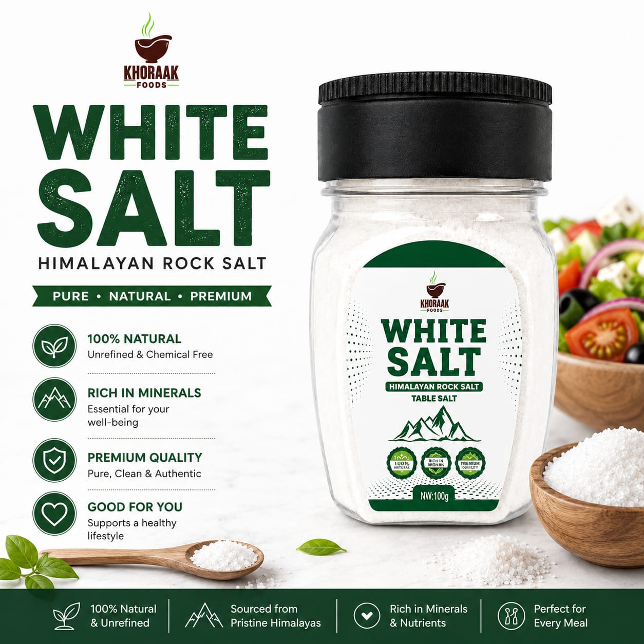 Khoraak Foods White Table Salt 100g Premium Himalayan Fine Mesh Salt with Free Dispenser Worth Rs.150