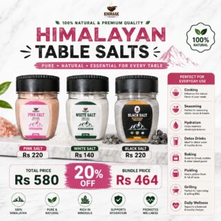 Khoraak Foods Premium Himalayan Table Salts 100g White Pink and Black Fine Mesh Salt with FREE Dispensers Worth Rs.450. Bundle offer