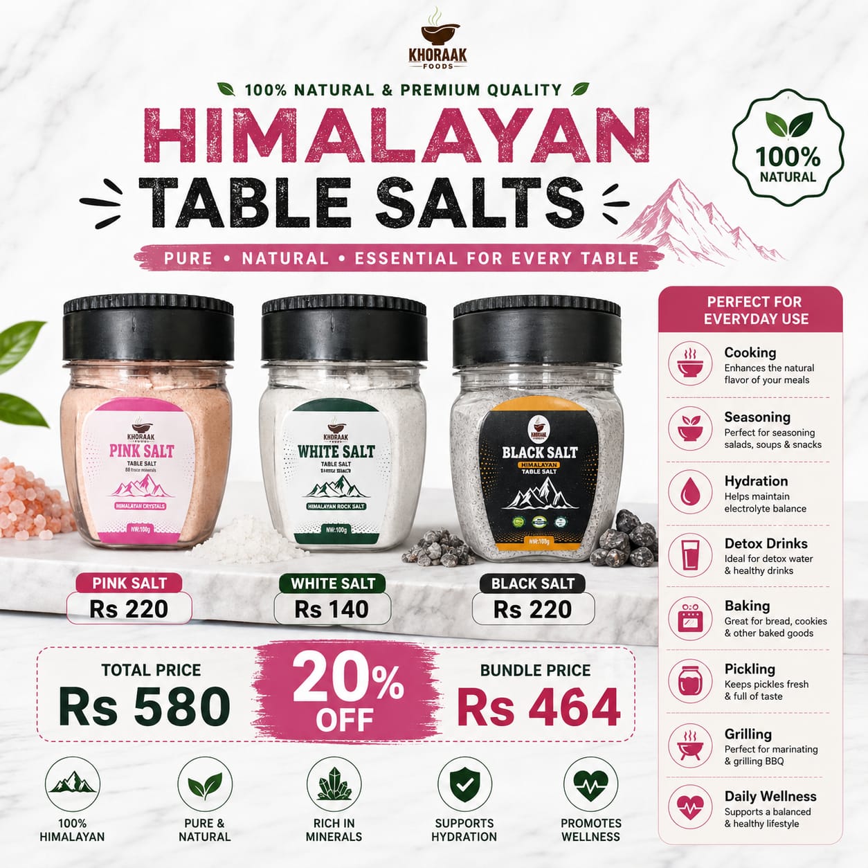 Khoraak Foods Premium Himalayan Table Salts 100g White Pink and Black Fine Mesh Salt with FREE Dispensers Worth Rs.450. Bundle offer