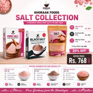 Khoraak Foods Salt Collection promotional banner featuring Himalayan Pink Salt (Fine), Black Salt (Kala Namak), and Pink Salt (Coarse) in premium packaging with a 20% discount offer for Rs. 768. The image highlights natural, unrefined, mineral-rich Himalayan salts and their everyday uses.