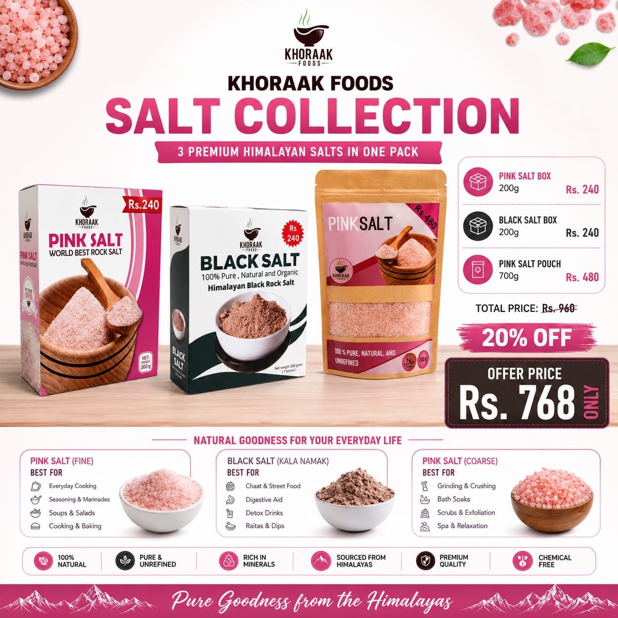Khoraak Foods Salt Collection promotional banner featuring Himalayan Pink Salt (Fine), Black Salt (Kala Namak), and Pink Salt (Coarse) in premium packaging with a 20% discount offer for Rs. 768. The image highlights natural, unrefined, mineral-rich Himalayan salts and their everyday uses.