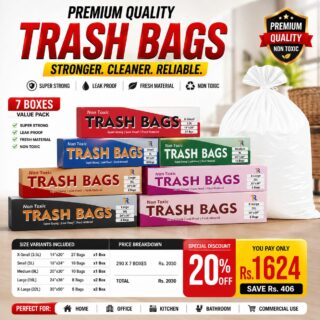 Premium non-toxic trash bags value pack containing 7 boxes in multiple sizes with leak-proof, super strong garbage bags and a 20% discount offer.