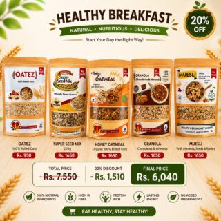 Khoraak Foods healthy breakfast collection featuring Oatez Rolled Oats, Honey Oatmeal, Granola Chocolates & Almonds, Muesli, and Premium Super Seed Mix.