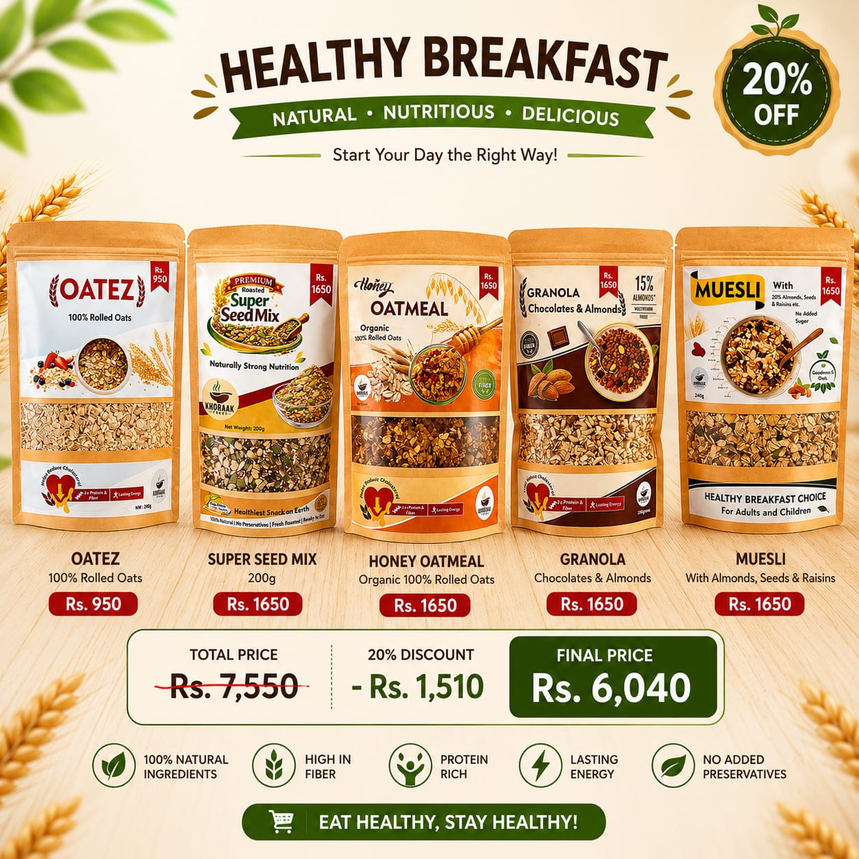 Khoraak Foods healthy breakfast collection featuring Oatez Rolled Oats, Honey Oatmeal, Granola Chocolates & Almonds, Muesli, and Premium Super Seed Mix.