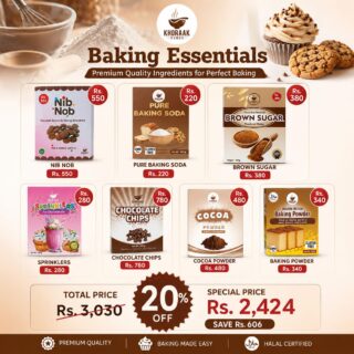 Khoraak Foods One Stop Baking Bundle with Chocolate Chips Cocoa Powder Brown Sugar Baking Soda Double Acting Baking Powder and NIB NOB Chocolate Bunties