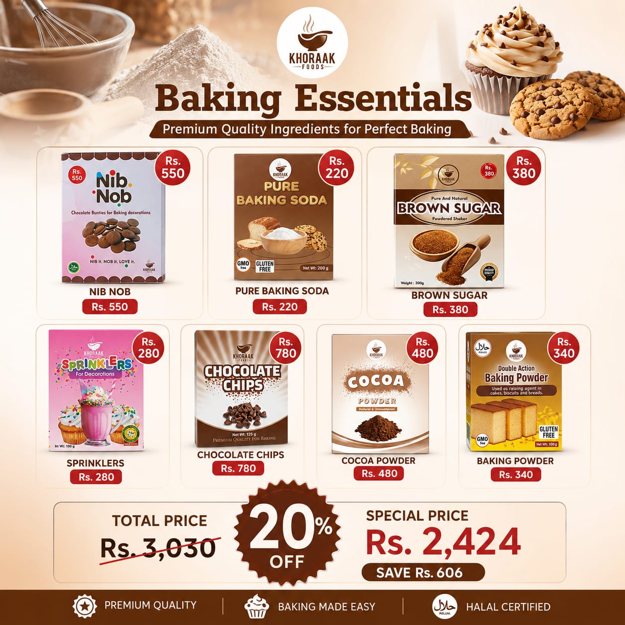 Khoraak Foods One Stop Baking Bundle with Chocolate Chips Cocoa Powder Brown Sugar Baking Soda Double Acting Baking Powder and NIB NOB Chocolate Bunties