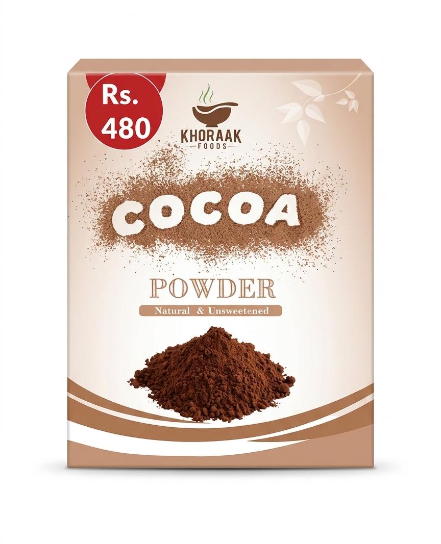 Khoraak Foods Premium Cocoa Powder for baking, desserts, cakes, brownies, and beverages.