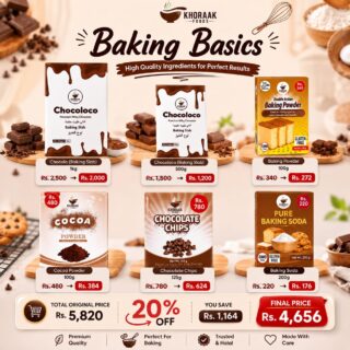 Khoraak Foods premium baking essentials bundle featuring Chocoloco Baking Slabs, Baking Powder, Cocoa Powder, Chocolate Chips, and Baking Soda.