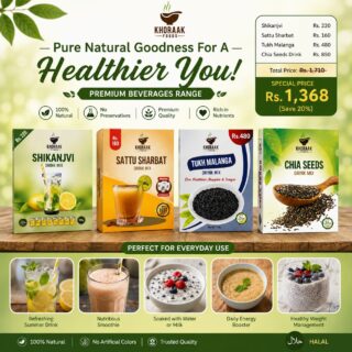 Khoraak Foods premium beverages collection featuring Shikanjvi Drink Mix, Sattu Sharbat Drink Mix, Tukh Malanga Drink Mix, and Chia Seeds Drink Mix.
