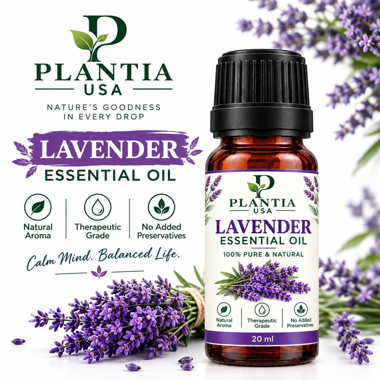 Lavender Essential Oil 20ml – 100% Pure & Natural, Fresh Cooling Aroma for Diffuser, Aromatherapy & External Use