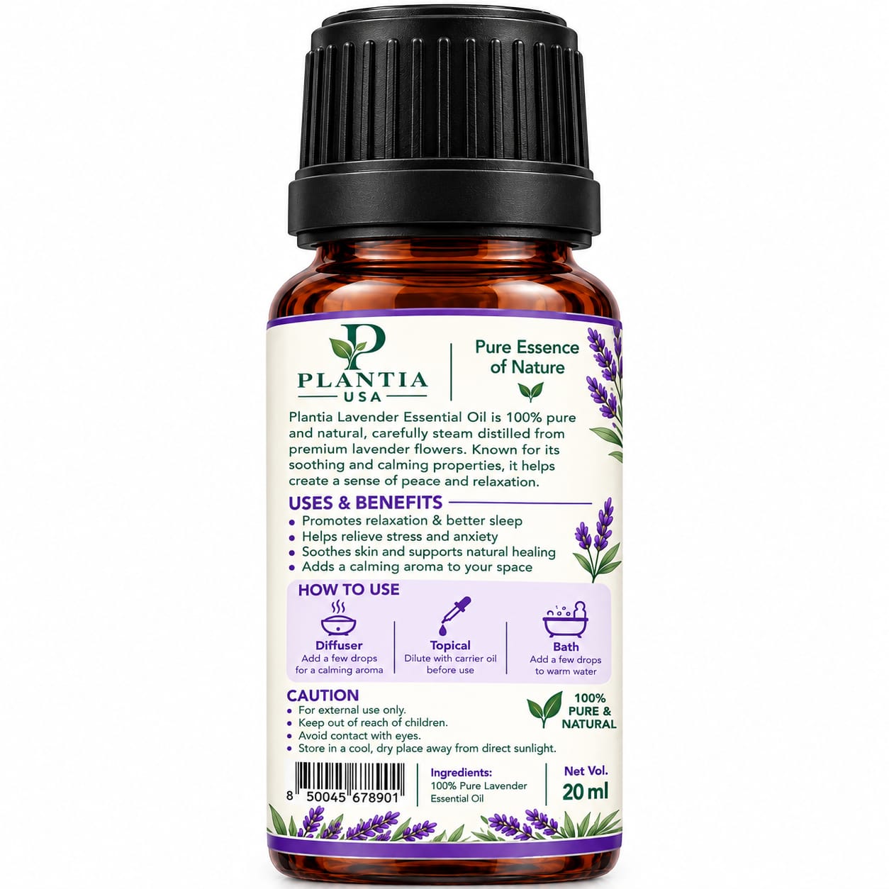 Lavender Essential Oil 20ml – 100% Pure & Natural, Fresh Cooling Aroma for Diffuser, Aromatherapy & External Use