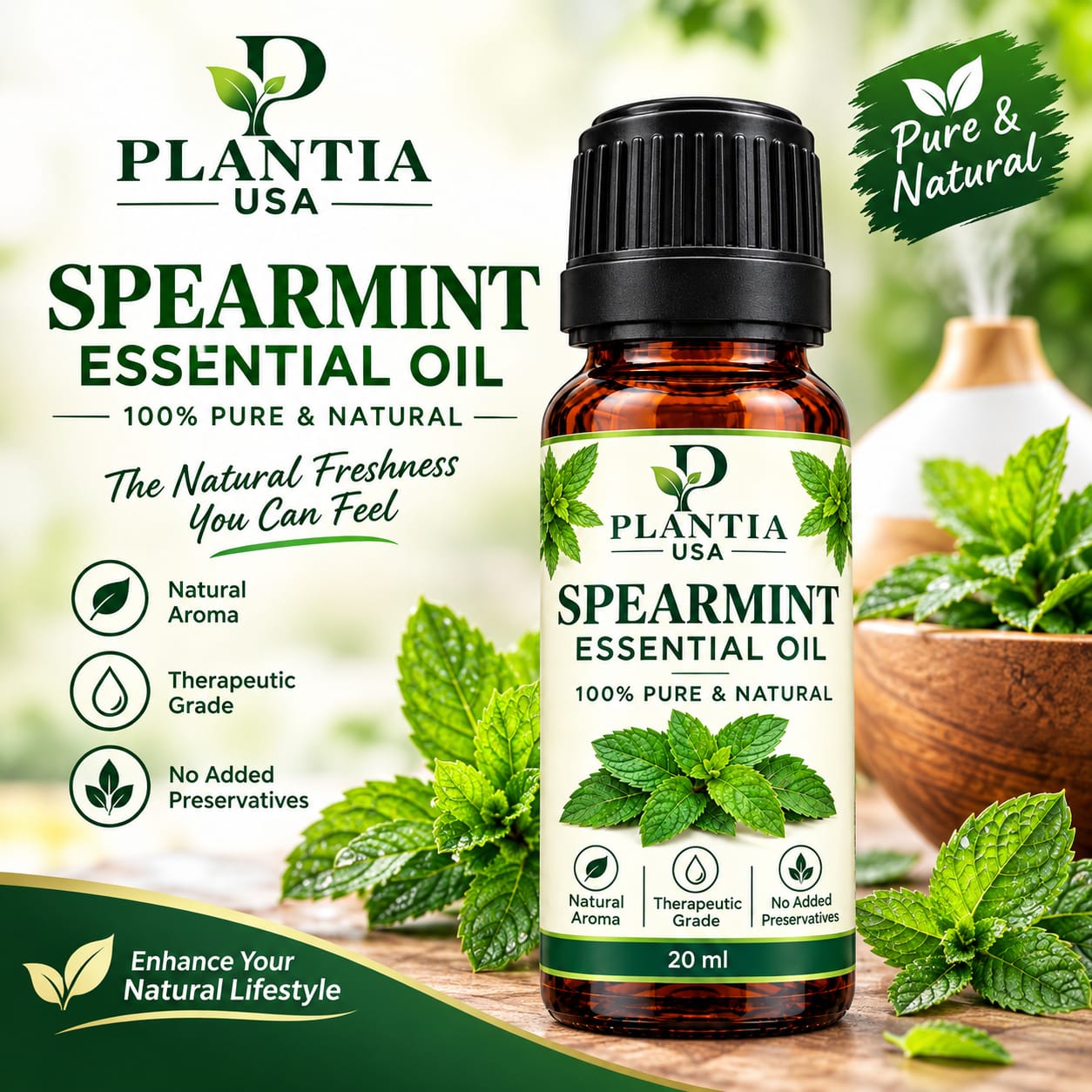 Spearmint Essential Oil 20ml – 100% Pure & Natural Spearmint Oil for Aromatherapy, Diffuser, Massage & External Use