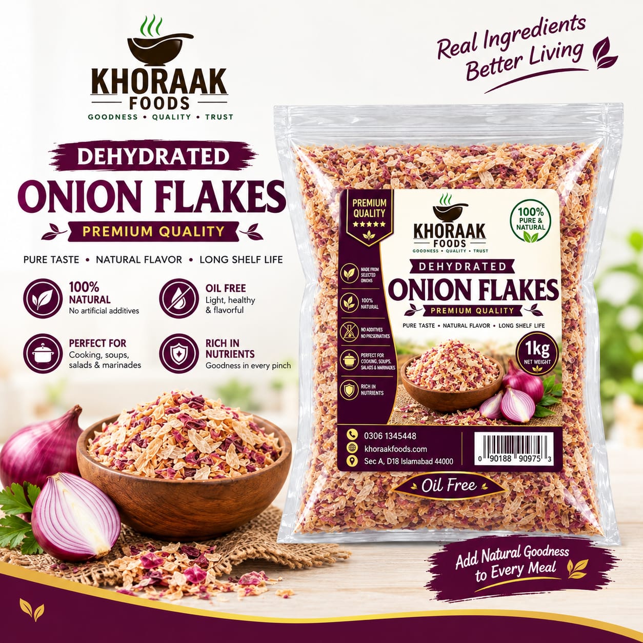 Khoraak Foods Dehydrated Onion Flakes – Premium Quality, 100% Natural, 1kg